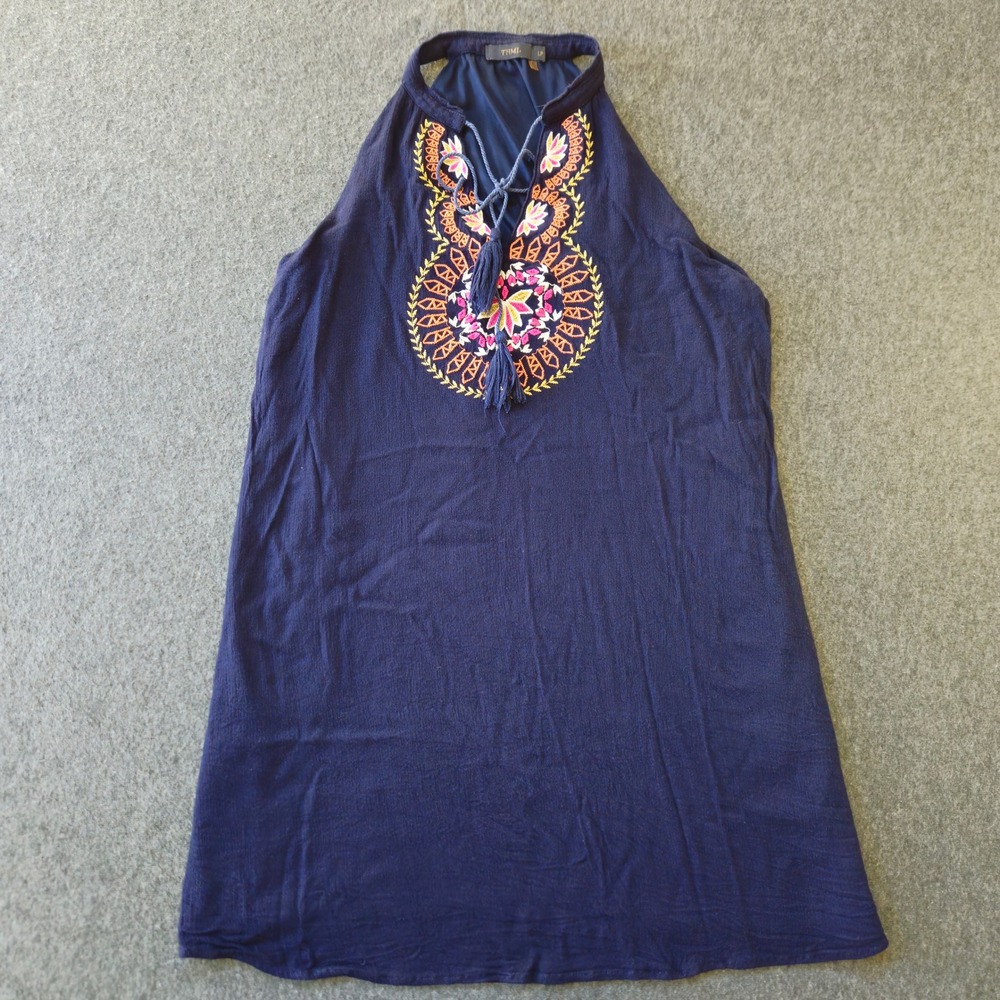 THML Embroidered Halter Top or Shift Dress Tassel Size L Petite  Boho Flower EUC